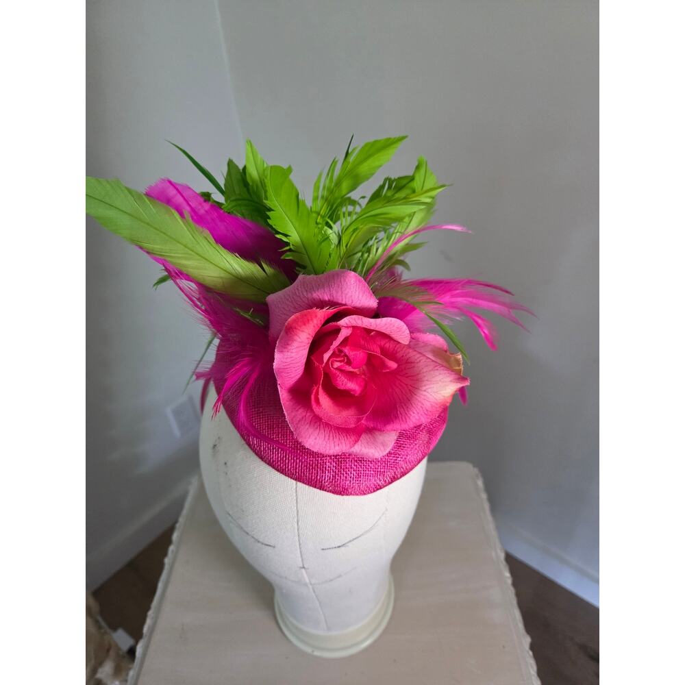 Custom Handmade Fuschia Lime Green Kentucky Derby Hat Fascinator Satin Headband - Picture 6 of 7